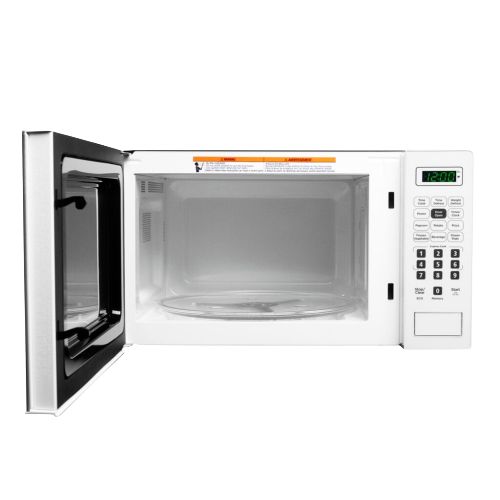 Compact white microwave with open door, keypad control panel, and digital timer displaying 12:00 on countertop