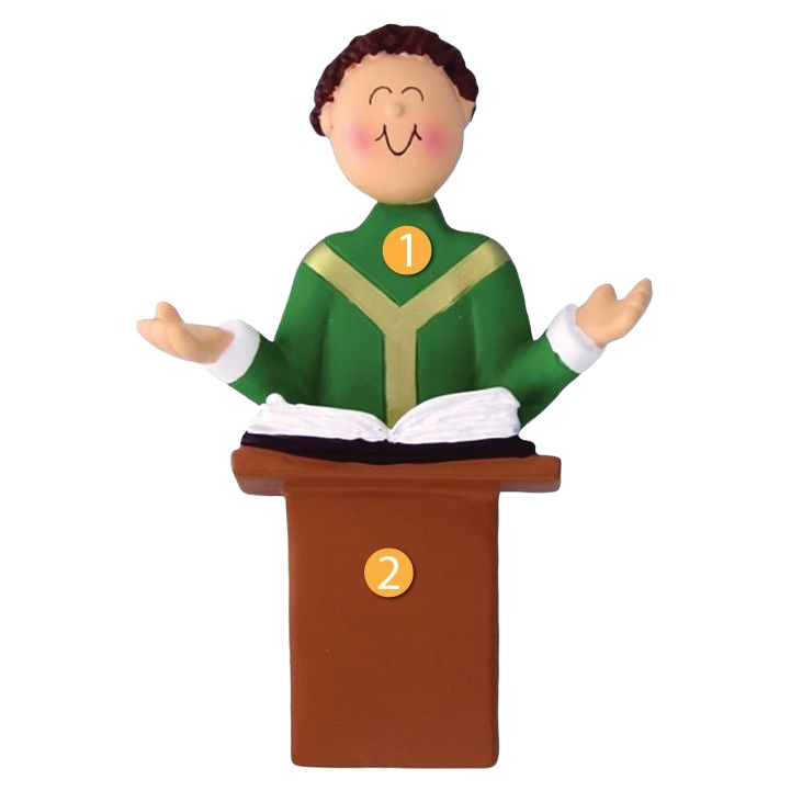 Figurine ornament of smiling brunette male priest in green vestments with open book at wooden pulpit for Christmas decor