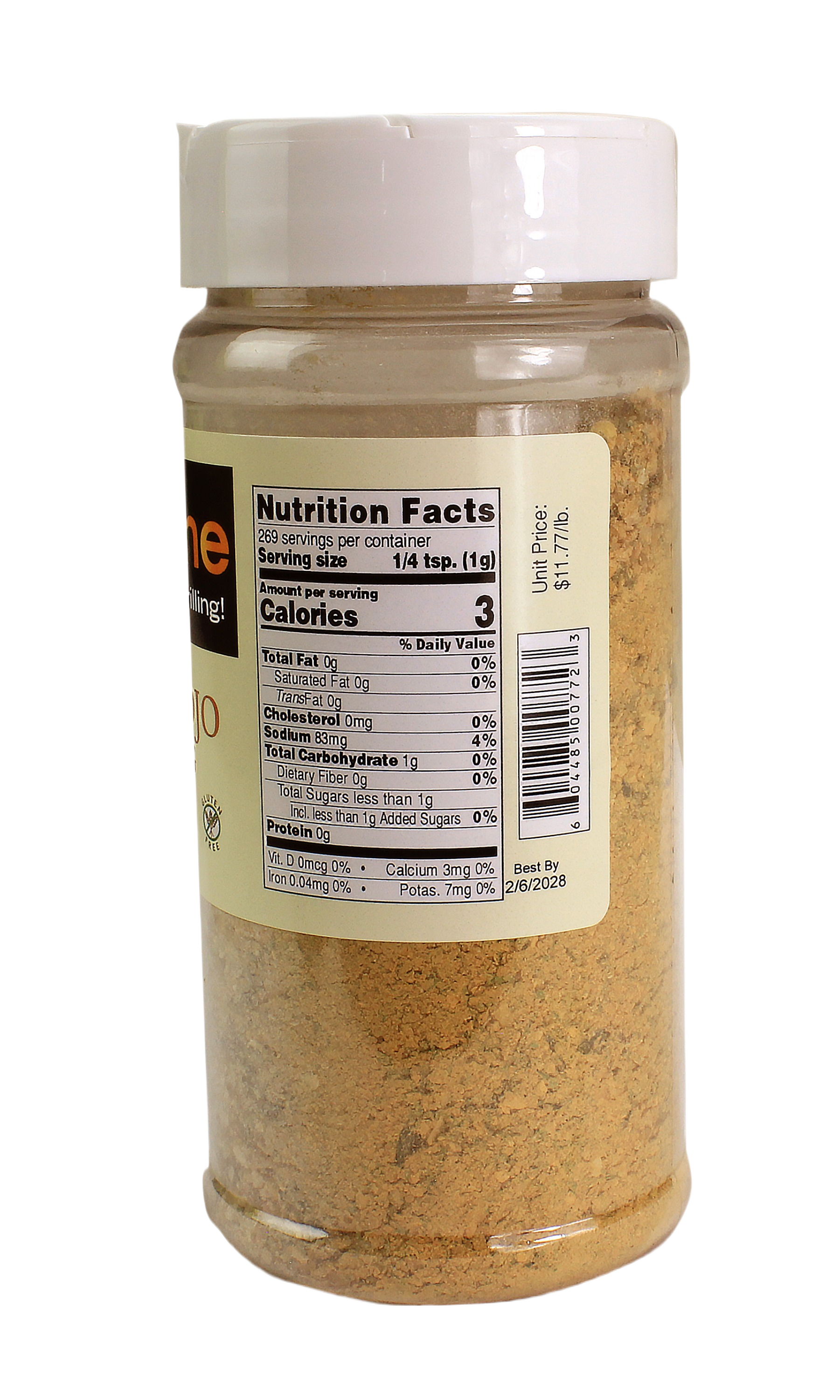 Clear plastic spice jar with white lid showing nutrition facts for Cuban mojo seasoning powder inside