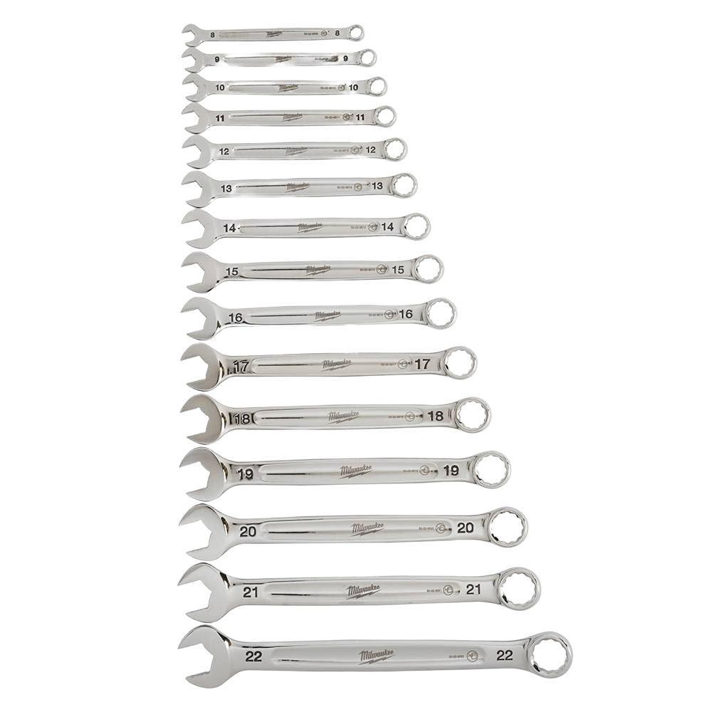 Set of polished metric wrenches with open and box ends featuring MAX BITE™ grip for hand and woodworking tools collections