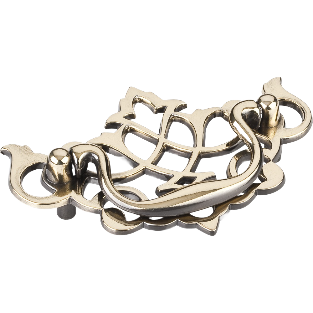 Classic bail pull with ornate brushed antique brass finish for cabinet and furniture hardware under $50 collection