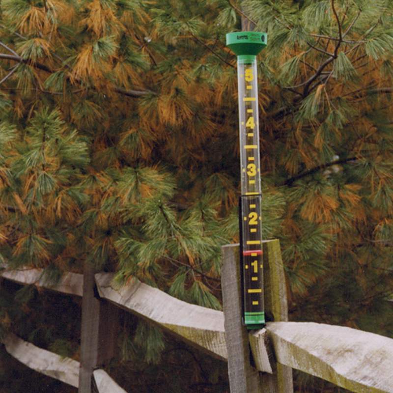 Clear plastic rain gauge with bright yellow markings and green top mounted outdoors on a wooden fence post