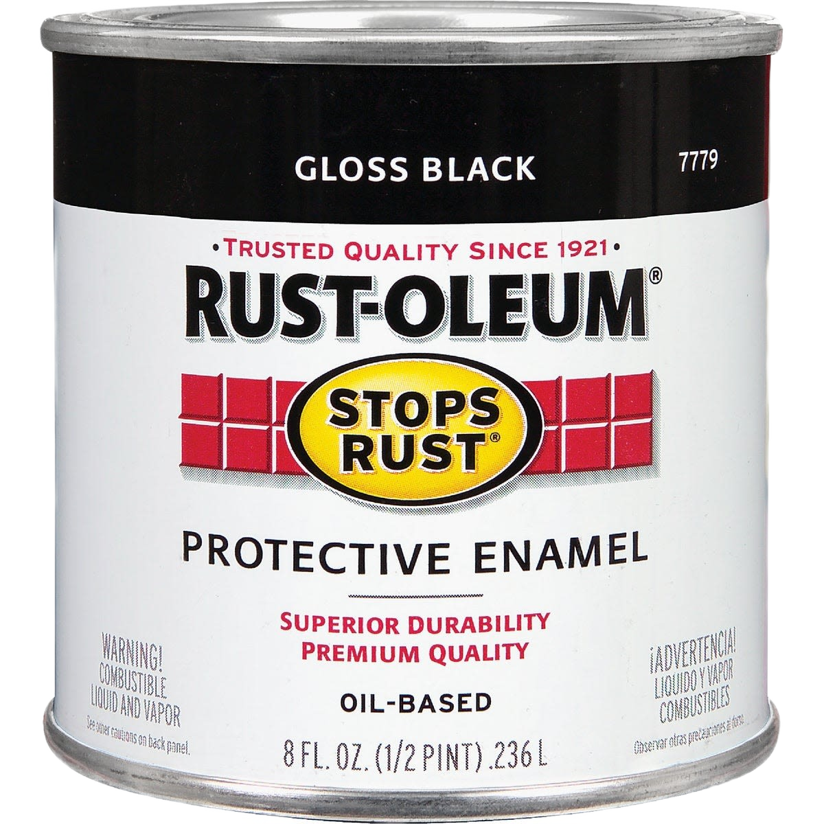 Can of oil-based gloss black protective enamel paint for rust prevention and home improvement projects