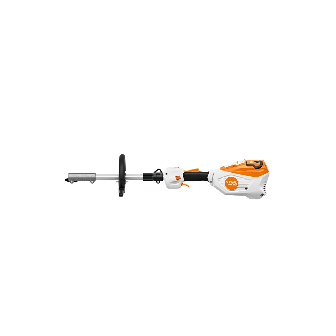 Battery-powered KombiMotor with ergonomic handle for versatile outdoor power tool use in lawn and garden maintenance.