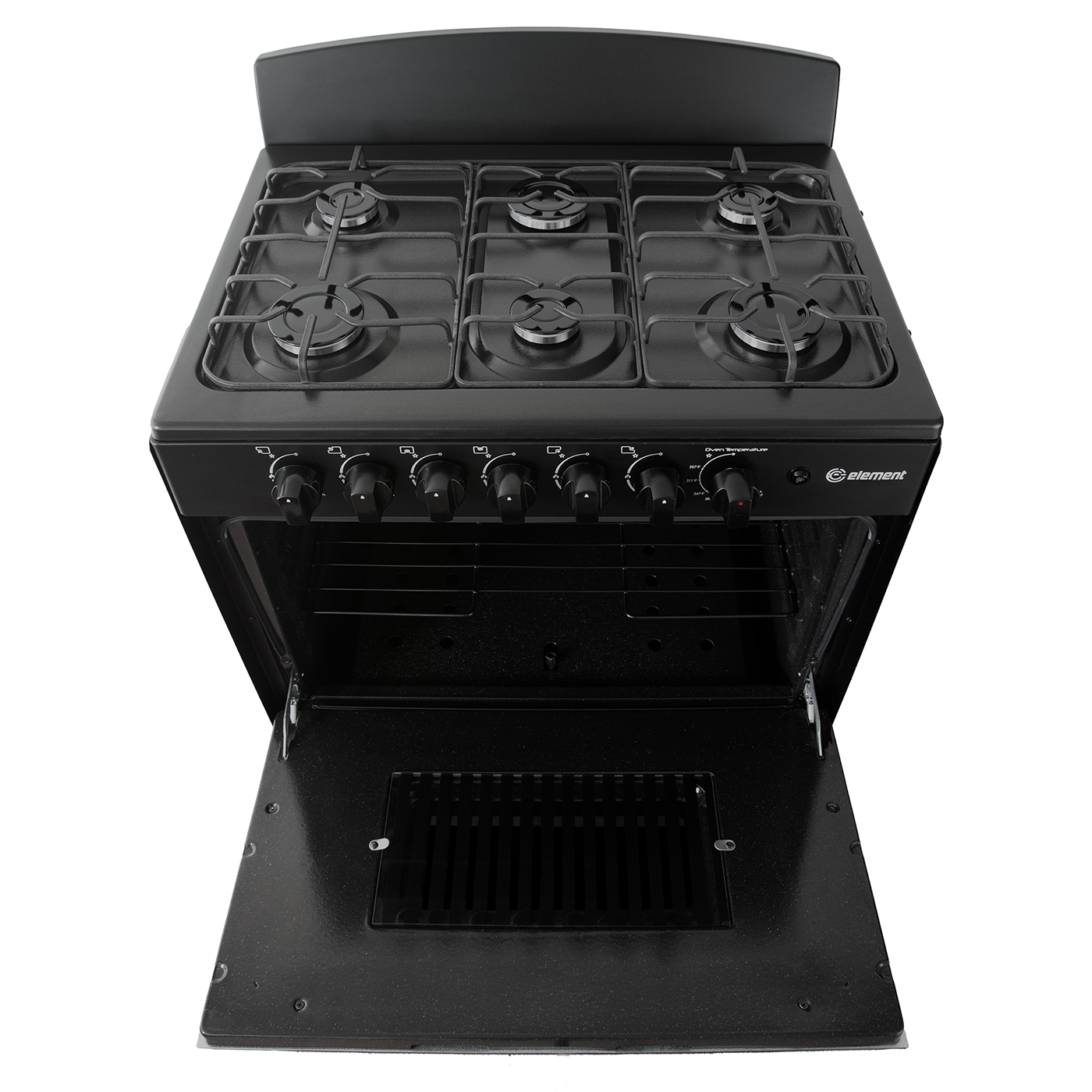 Black 30-inch gas range with six burners, front control knobs, open oven door revealing spacious interior and broiler, ideal for Ranges, Gas Ranges, Kitchen & Kitchenware, Appliances, and Ranges & Cooktops collections.
