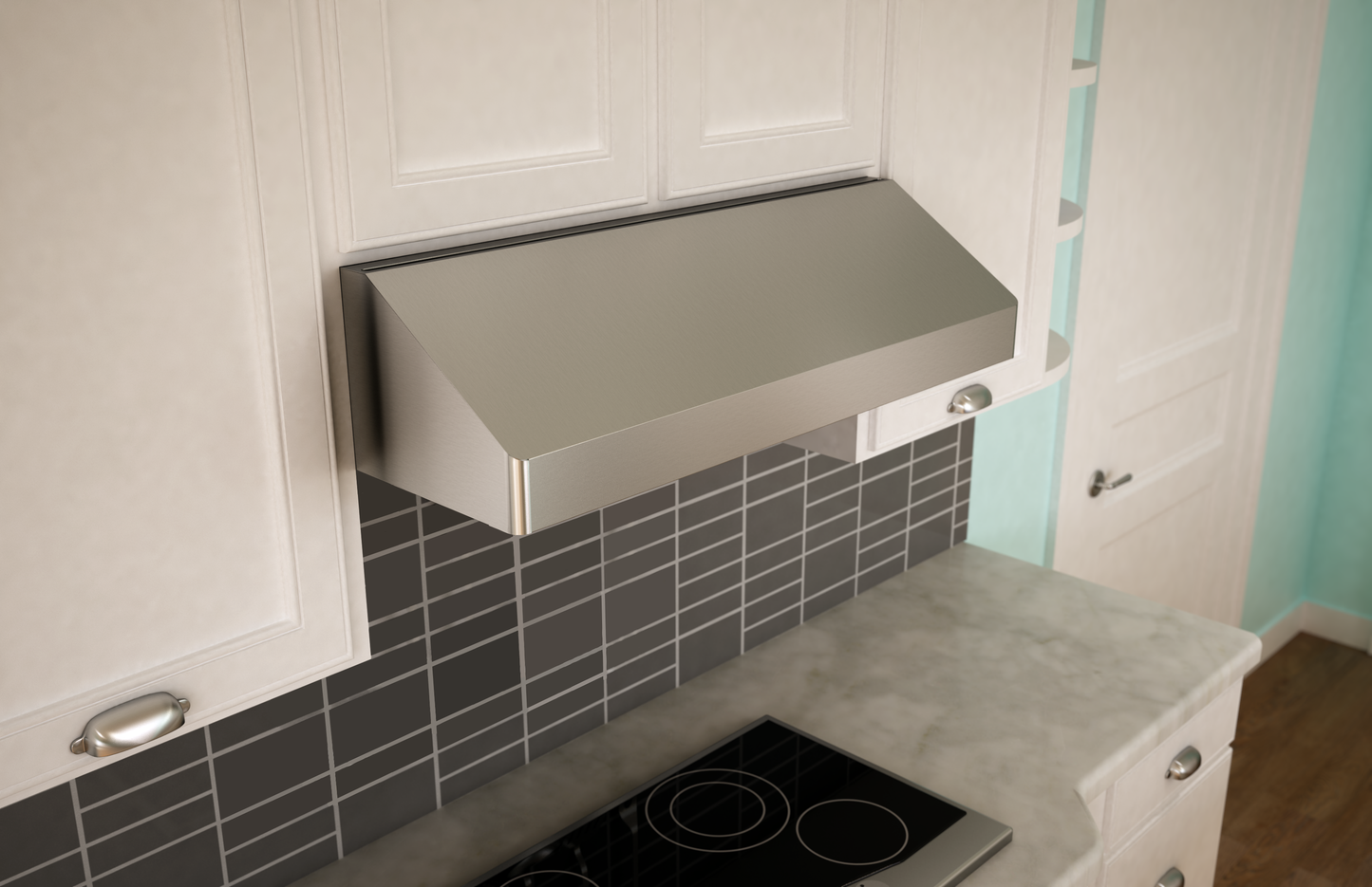 European-style stainless steel under-cabinet range hood with baffle filters and mechanical controls installed above a smooth electric cooktop, part of Range Hoods, Kitchen & Kitchenware, All Products, and Appliances collections for home improvement.