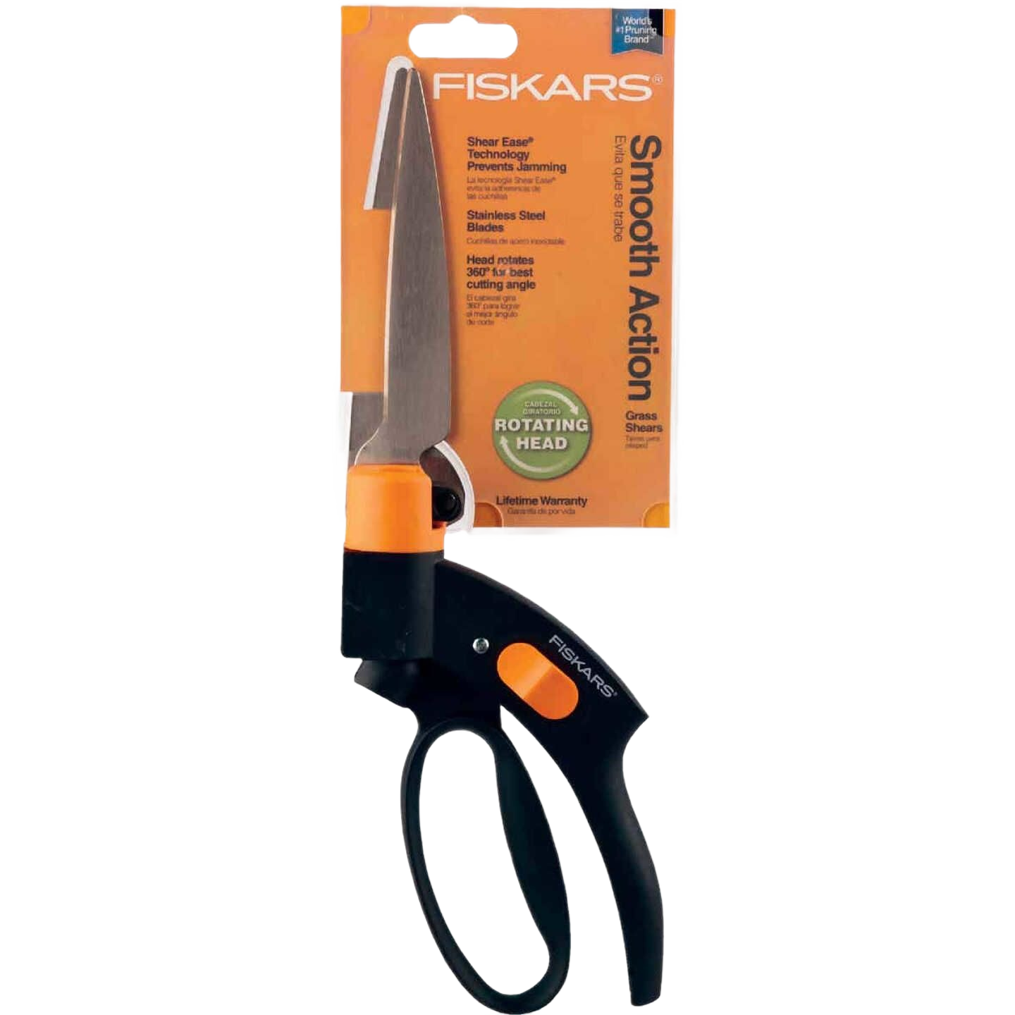 Fiskars stainless steel grass shear with rotating head and ergonomic handle for precise outdoor gardening and lawn care tasks