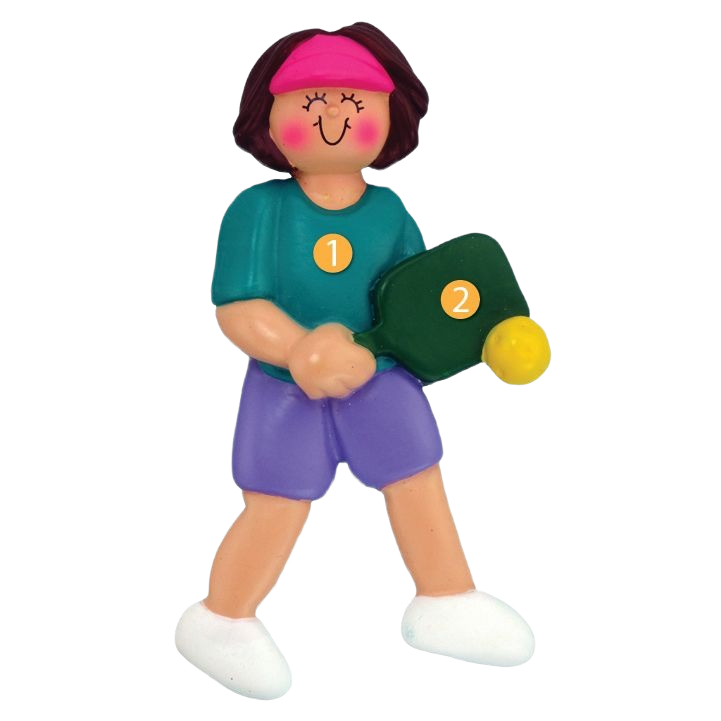 Brunette female pickleball player ornament in teal top and purple shorts, festive Christmas decoration under $50