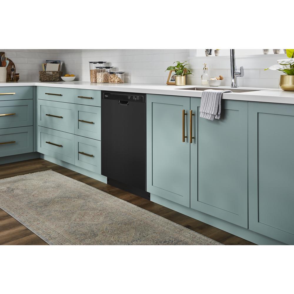 Black ENERGY STAR® certified quiet dishwasher integrated into kitchen cabinetry with blue-green drawers and brass hardware