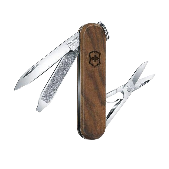 Victorinox pocket knife with European walnut wood handle, featuring blade, nail file, scissors, and keyring in hand tools collections