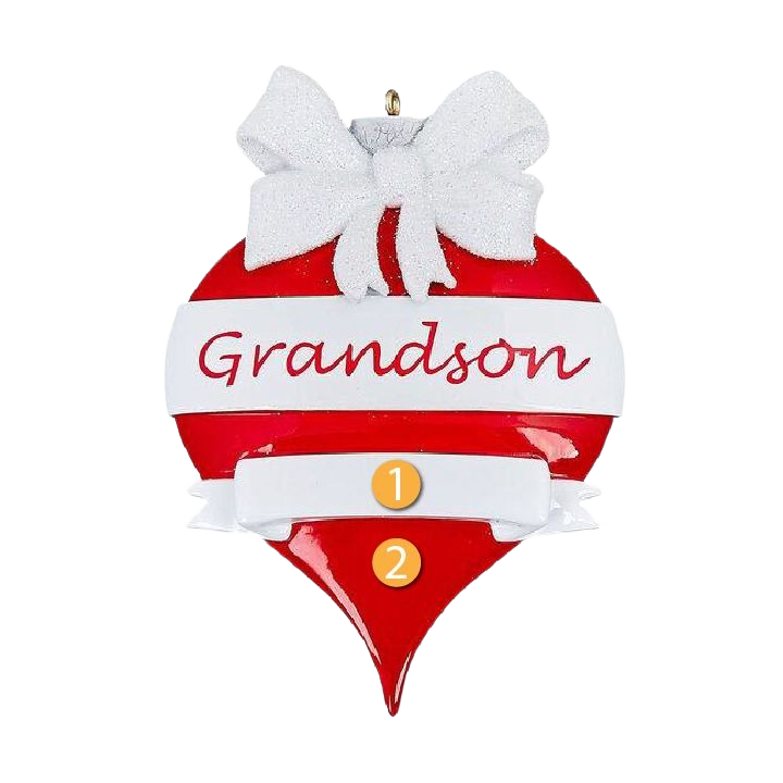 Red teardrop Christmas ornament with white bow and "Grandson" text for holiday tree decorations under $50