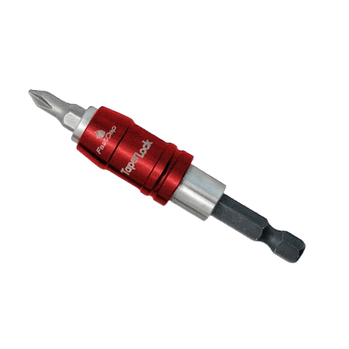 Red and silver tapered bit holder with secure locking mechanism for woodworking and power tool accessories in home improvement