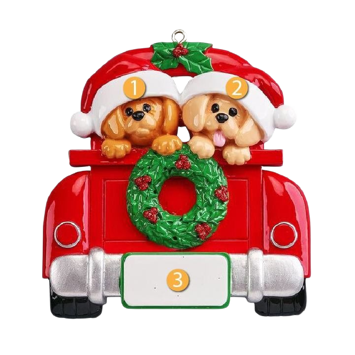 Two dogs wearing Santa hats riding in red pickup truck with Christmas wreath for Christmas Ornaments & Tree Decorations under $50 collection