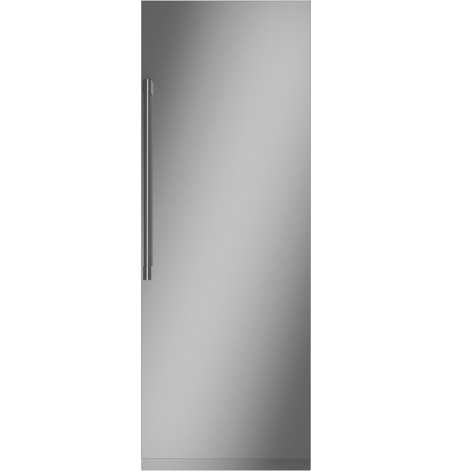 Tall stainless steel panel-ready integrated column refrigerator with sleek vertical handle for kitchen appliances collection