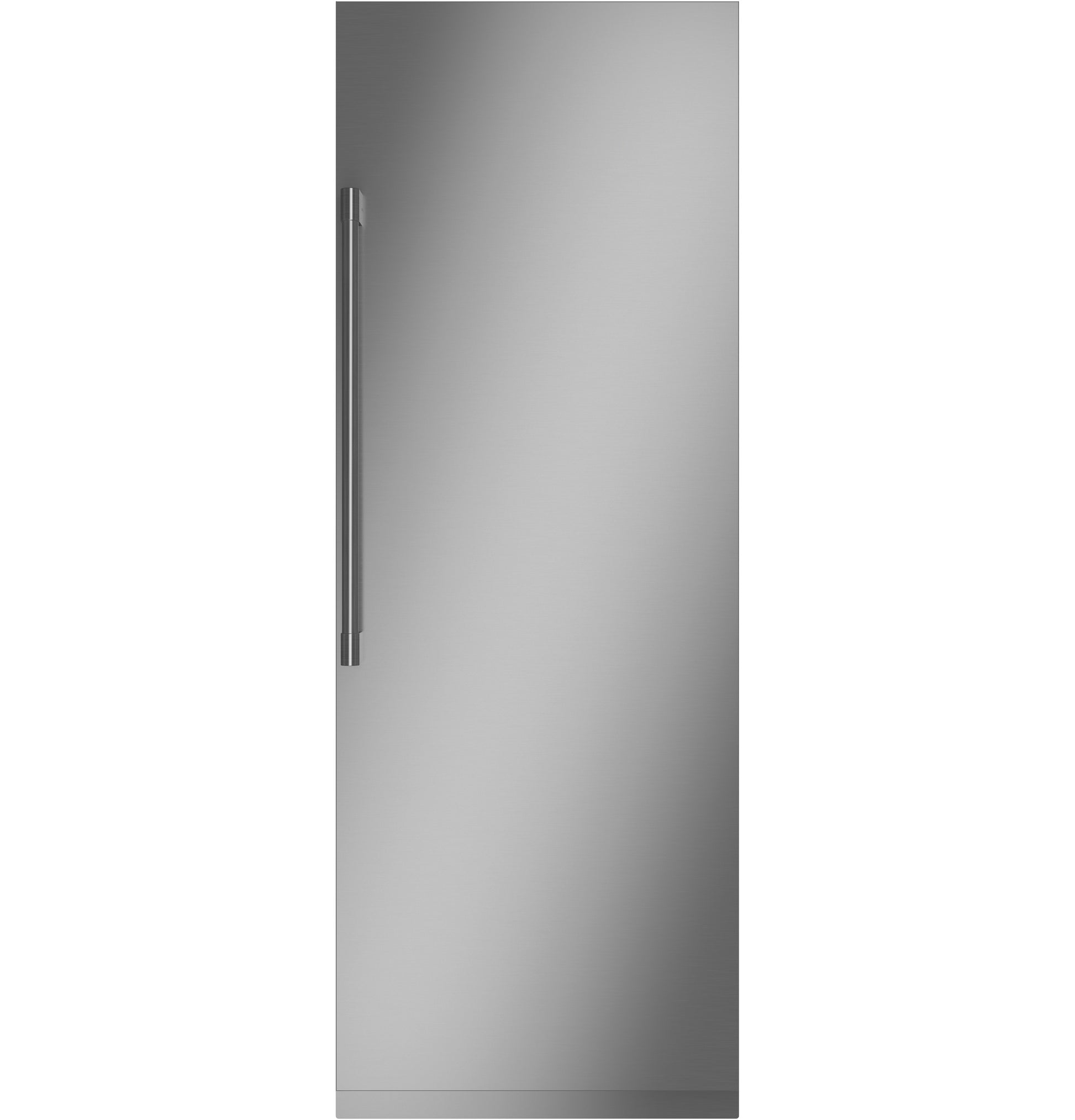 Tall stainless steel panel-ready integrated column refrigerator with sleek vertical handle for kitchen appliances collection