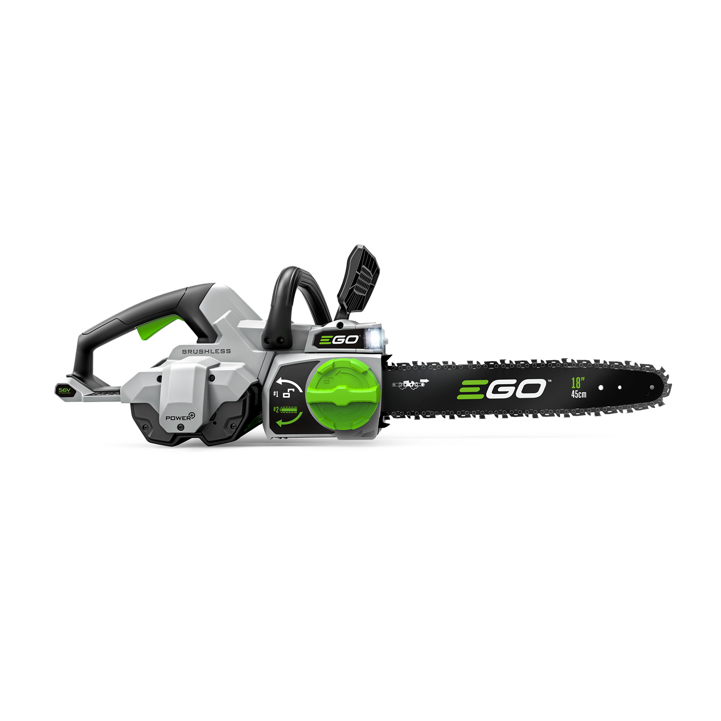 Cordless green and black 18-inch chainsaw with ergonomic handle for tools and home improvement tasks