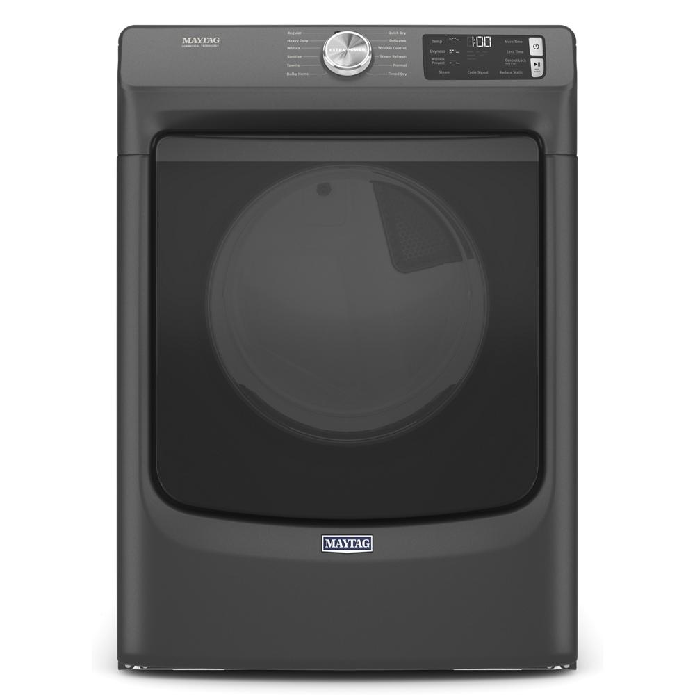 Dark gray front load gas dryer with digital display, control knob, and quick dry cycle in gas dryers collection