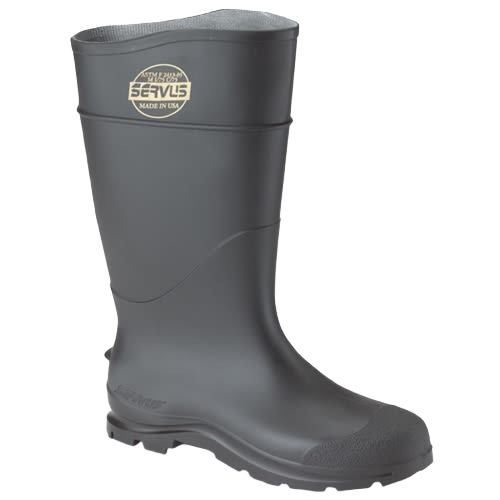 Black rubber Servus safety boot with embossed logo, textured toe and slip-resistant sole in Safety Gear collection under $50