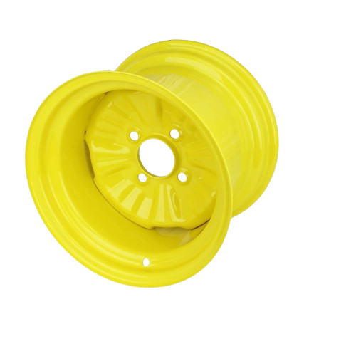 Yellow steel tractor wheel rim with multiple mounting holes for agricultural and home improvement use