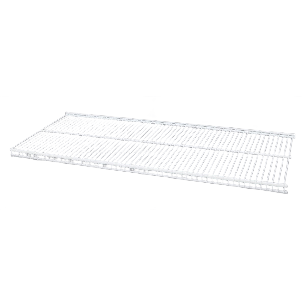 White ventilated closet shelf with slim profile and reinforced steel construction for efficient storage and organization.