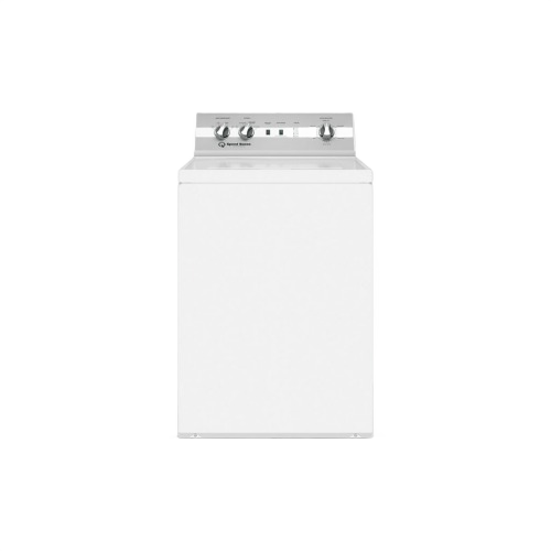 White 26-inch top load washer with control panel and knobs, designed for home improvement and laundry tasks