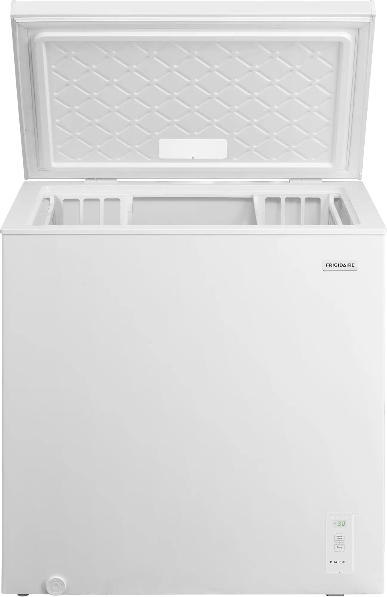 White garage-ready chest freezer with hinged top lid open, featuring digital temperature controls and interior storage baskets, suited for Freezers & Ice Makers and Kitchen & Kitchenware collections.