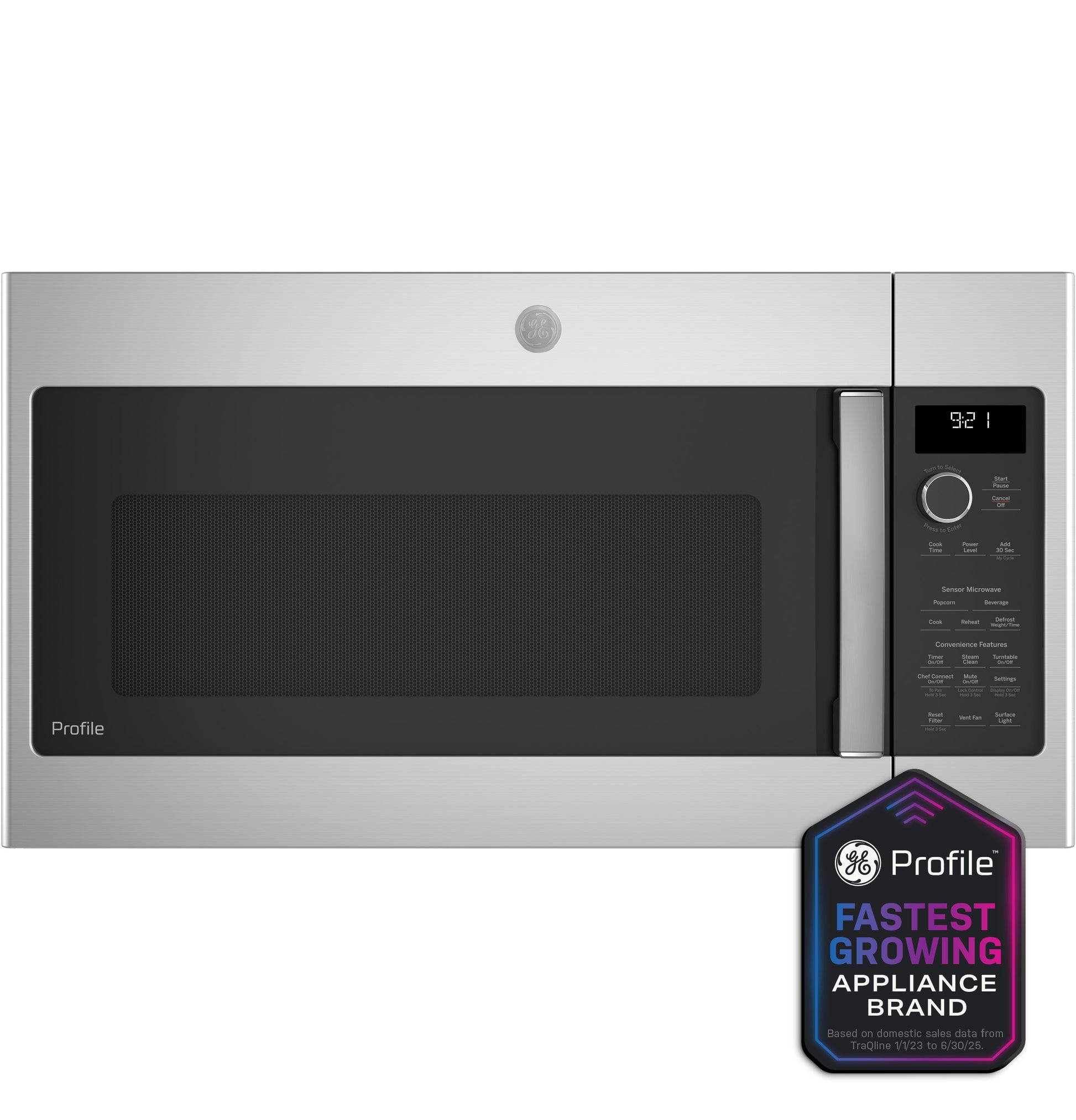 Stainless steel over-the-range microwave with digital display, sensor controls, and sleek handle from kitchen appliances collection