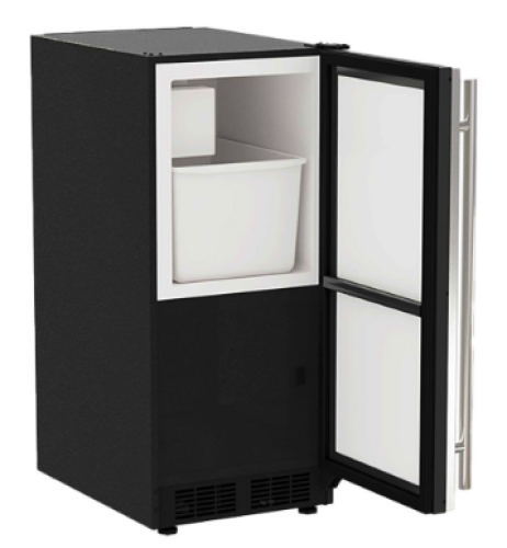 Compact black built-in crescent ice machine with open door, designed for kitchen and appliance settings.