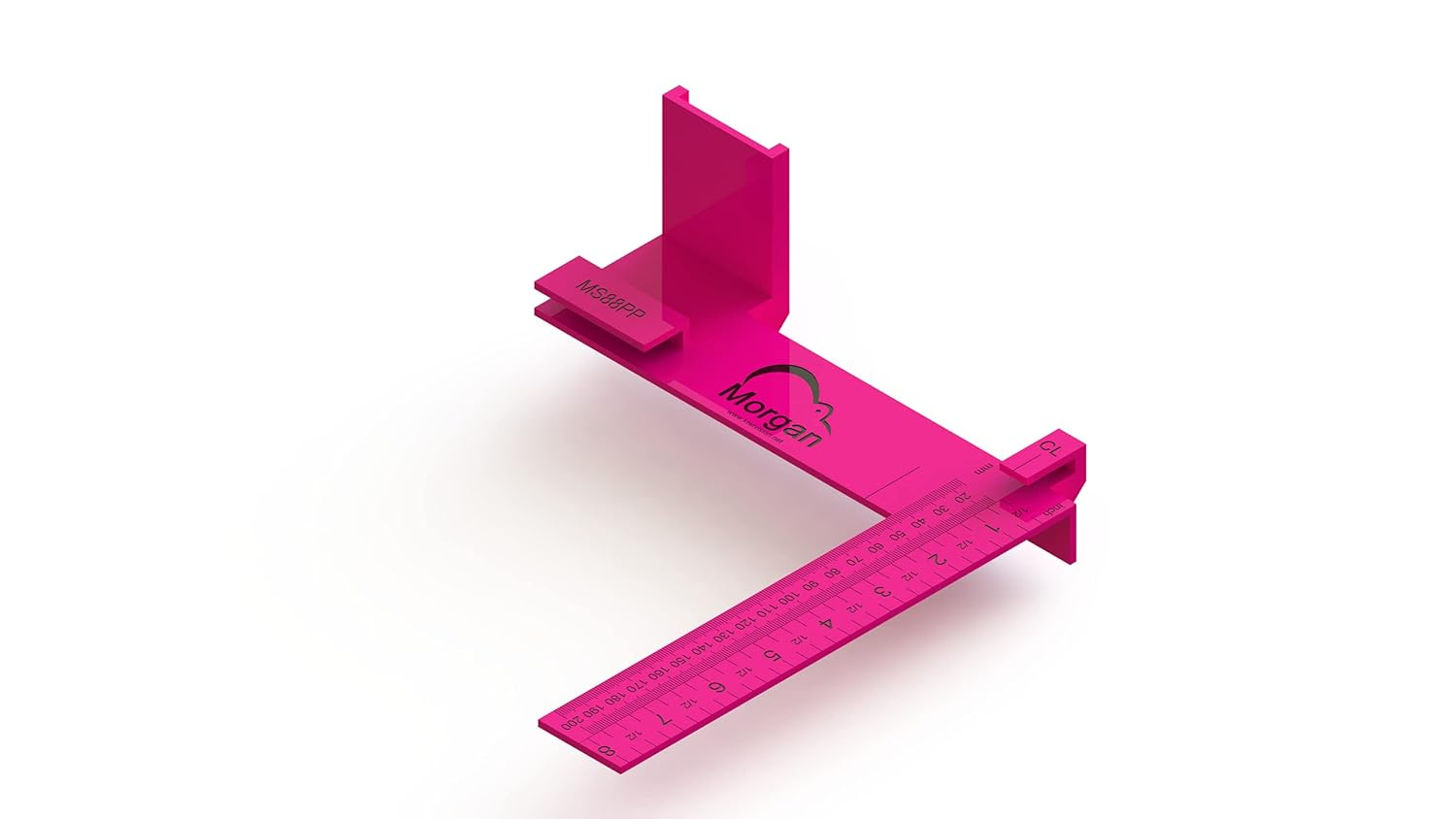 Pink plastic 8-inch measuring square with imperial and metric scales for woodworking and home improvement tools