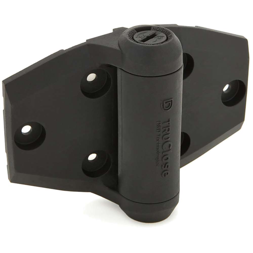 Wide black spring hinge for wood or vinyl gates with corrosion-resistant stainless steel and polymer parts