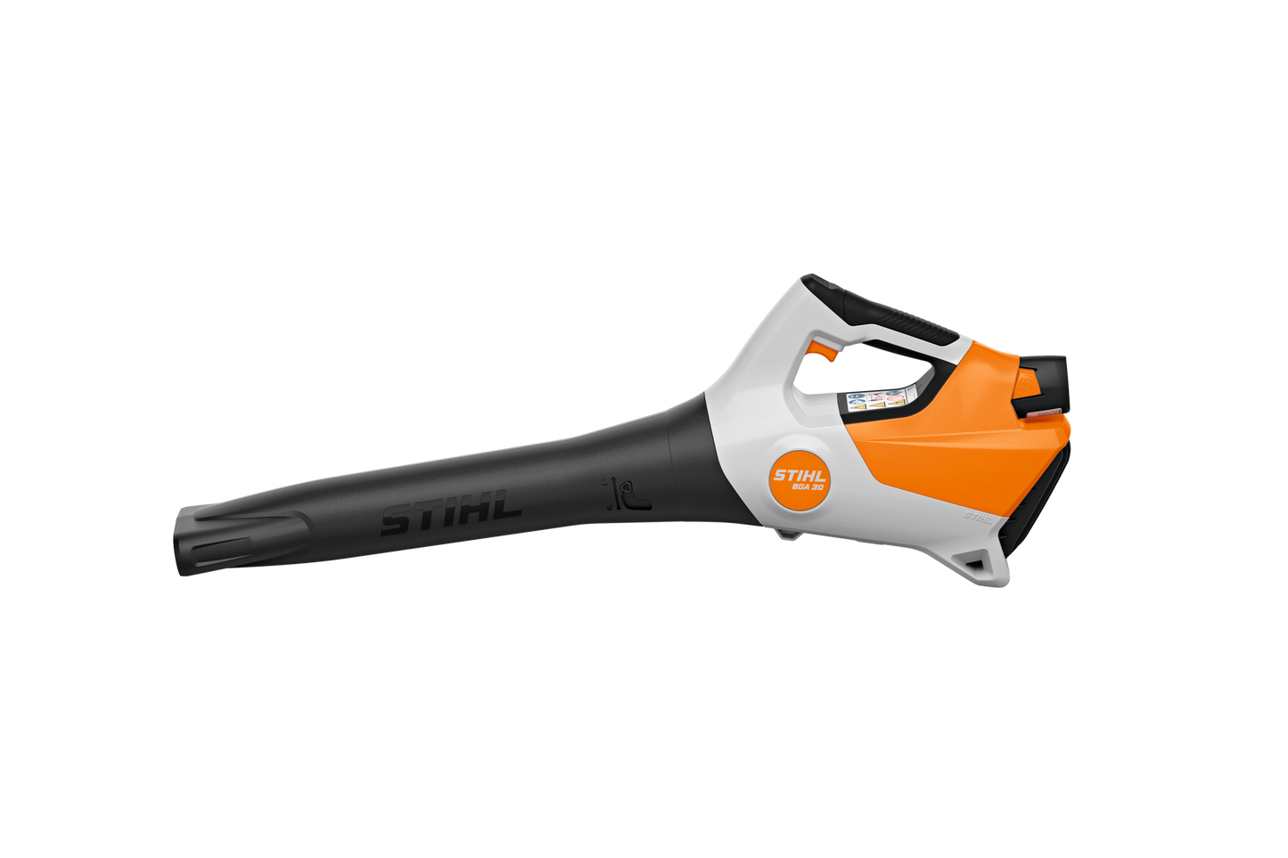 Orange and white handheld battery blower with black nozzle designed for lightweight outdoor yard and home improvement tools