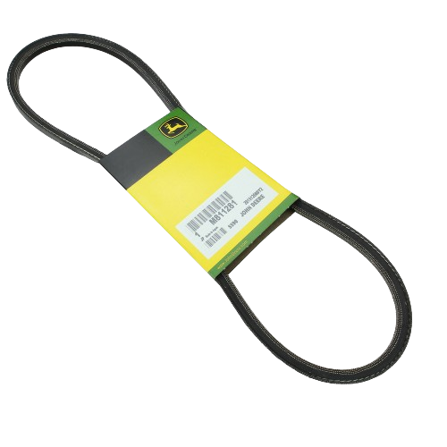 Compact black rubber V-belt with yellow and green labeled sleeve for home improvement and tool maintenance tasks
