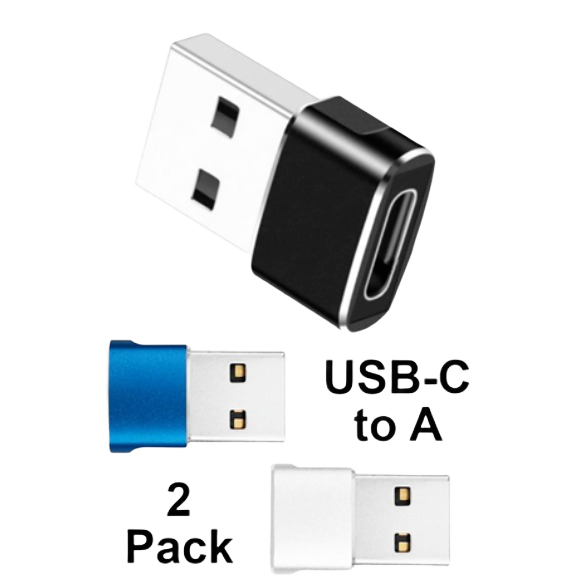 Set of two USB-C to USB-A adapters in black, blue, and white, designed for electrical and tech connectivity needs under $50