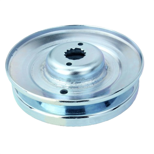 Metal mower deck pulley with central splined hole designed for outdoor equipment and home improvement use