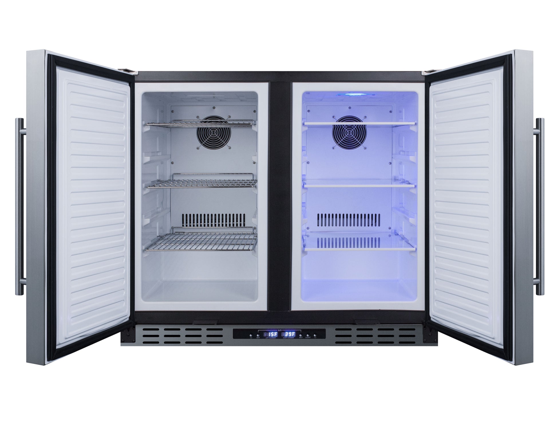 Open dual-door built-in refrigerator-freezer with interior shelving and blue LED lighting in kitchen appliances collection