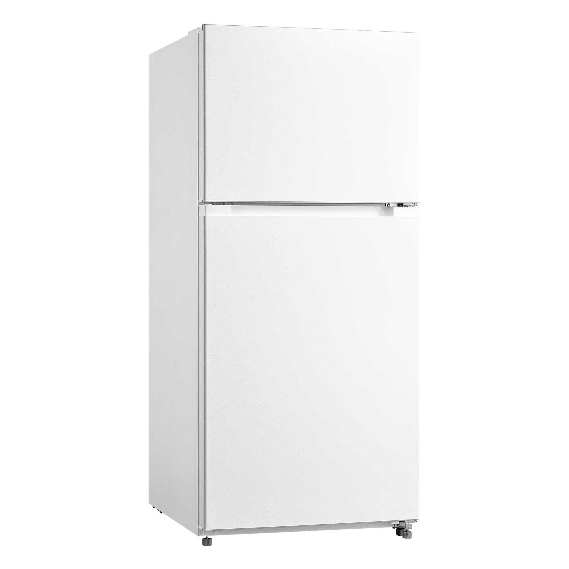 White top freezer refrigerator with adjustable shelves, crisper drawers, and ample door storage for kitchen appliances