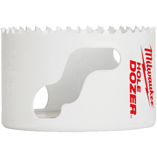 White bi-metal hole saw with sharp teeth and red branding for woodworking and home improvement tools collections