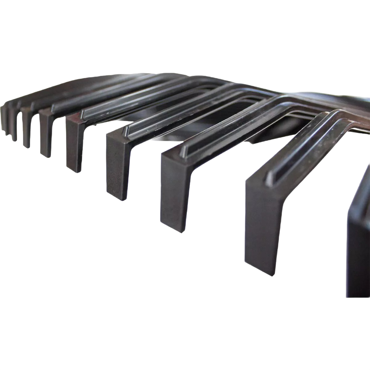 Close-up of black metal rake tines designed for heavy-duty outdoor leaf collecting tools in gardening and hand tools collections