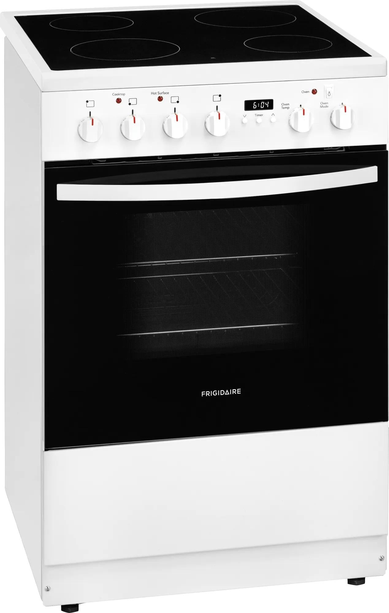 White freestanding electric range with smooth glass cooktop and control knobs in modern kitchen appliance setting