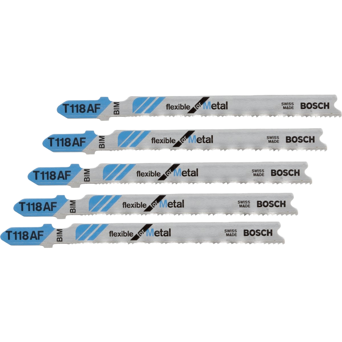 Set of five Bosch flexible metal jigsaw blades with T118 AF teeth for precise sheet metal cutting in tool accessories collection