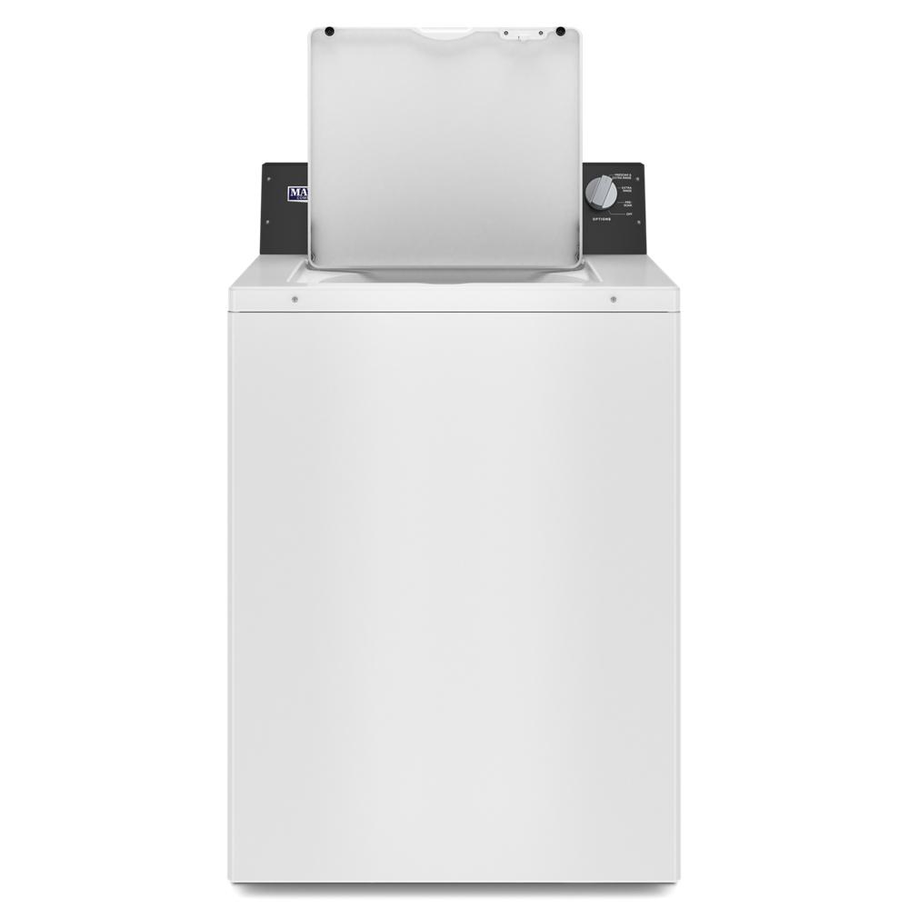 White top load washer with open lid and black control panel featuring cycle selector dial from washers collection