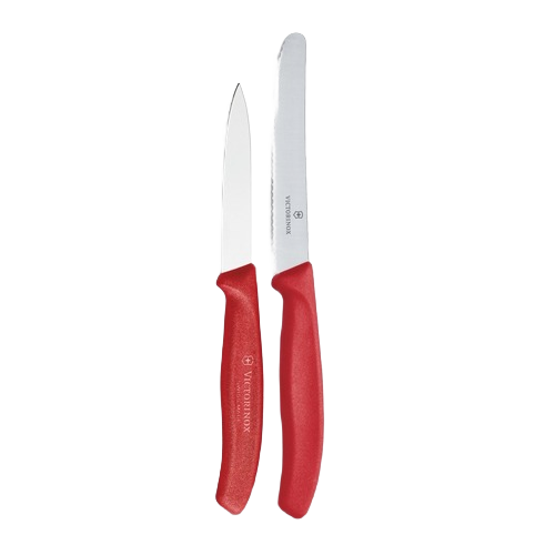 Two-piece kitchen prep knife set with red handles, including paring and serrated utility knives for kitchen utensils collection.