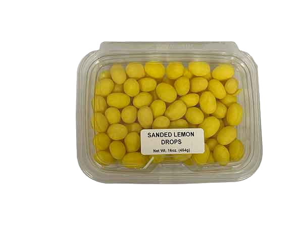 Clear plastic container filled with bright yellow sanded lemon drops candy from the candy collection under $25