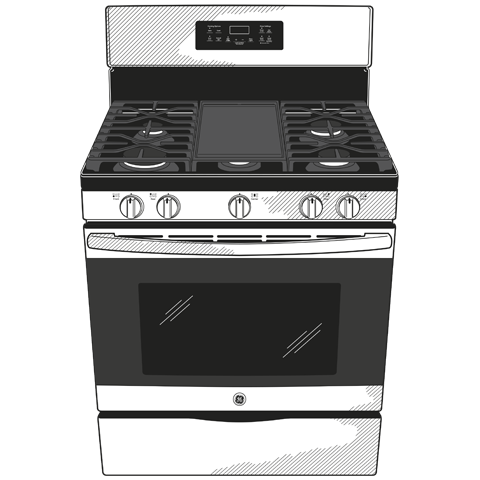 Front view illustration of a modern free-standing gas range with five burners and control knobs for home appliances.