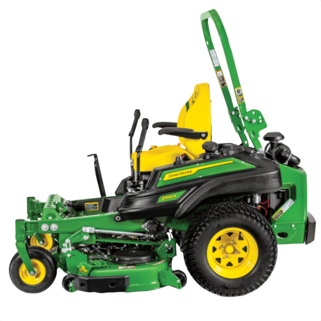 Green and yellow zero-turn mower with 60-inch deck and Tweel airless tires designed for efficient lawn maintenance
