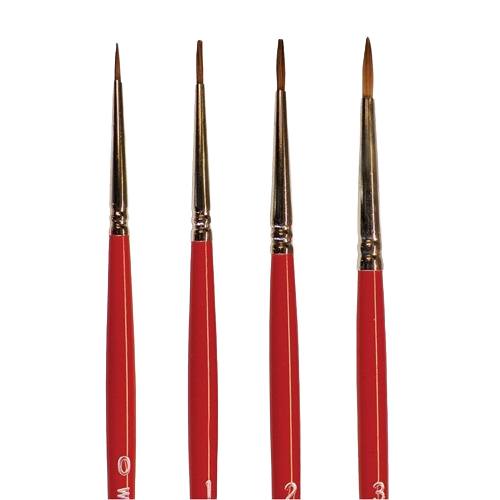 Set of four red sable oil brushes with red handles for fine detail work in tools and home improvement projects