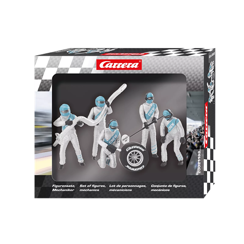 Set of five silver mechanic figures with blue helmets and crew sashes holding tools and a tire for race support
