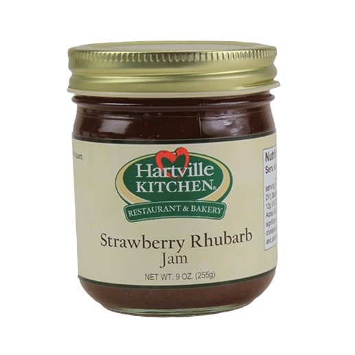 Glass jar of Hartville Kitchen strawberry rhubarb jam with gold metal lid in Jams & Jellies collection