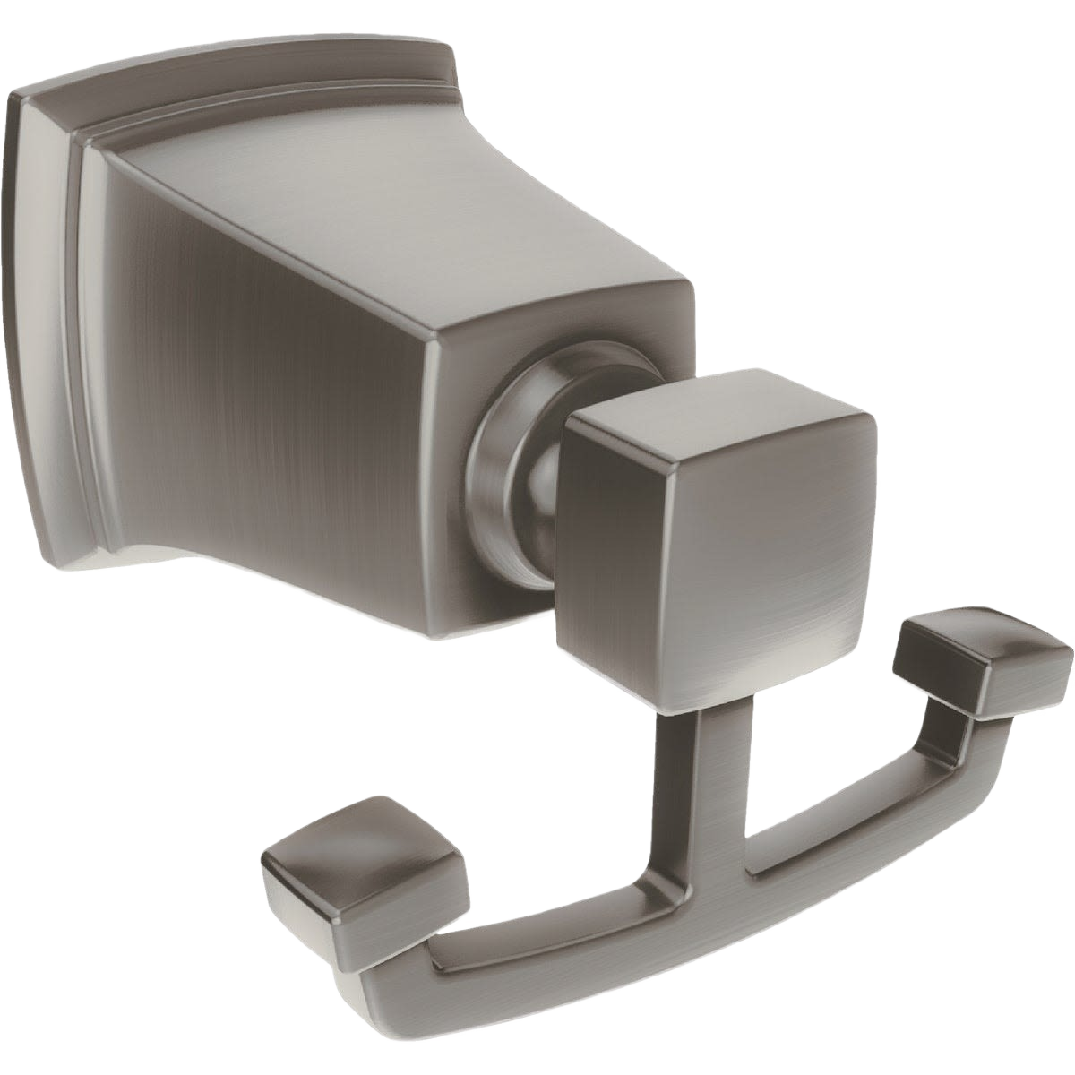 Brushed nickel double robe hook with square accents for organized and stylish home improvement spaces