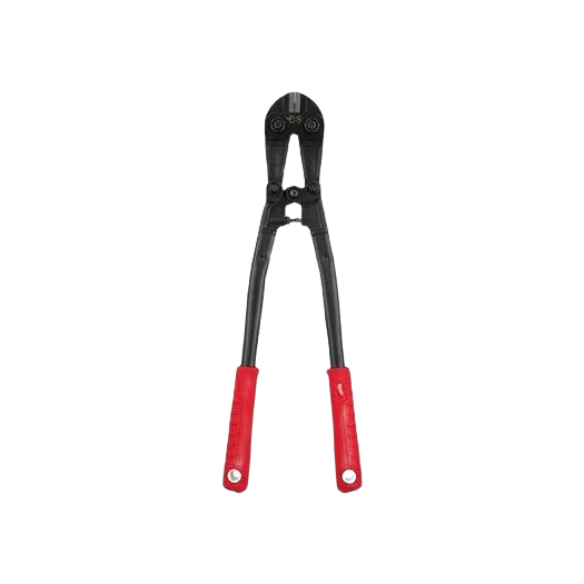 Heavy-duty bolt cutter with red ergonomic handles for cutting metal in tools and home improvement projects